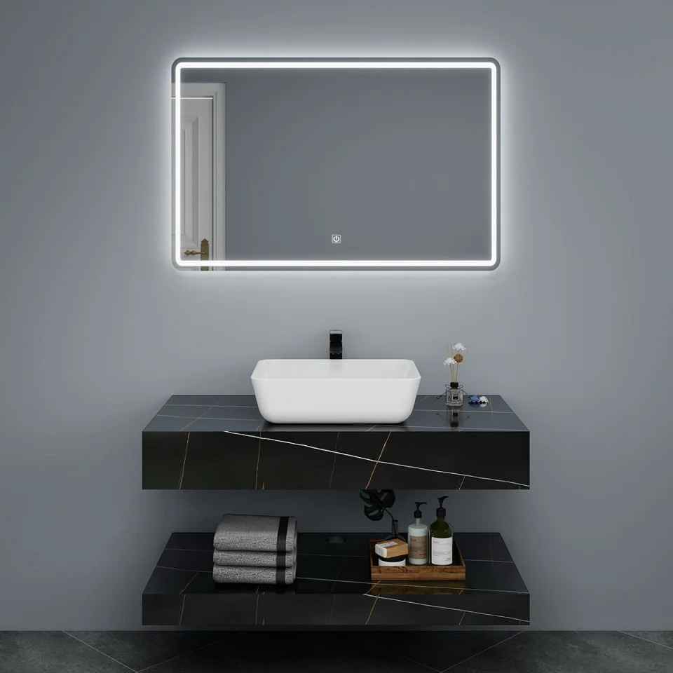 Luxury Square Rock Slab Bathroom Vanity Cabinet with Ceramic Basin – Modern Wall-Mounted Marble Countertop for Villas & Apartments