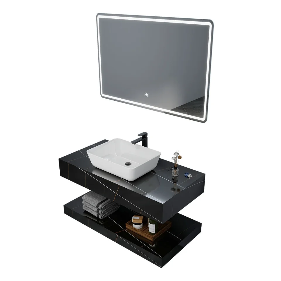 Luxury Square Rock Slab Bathroom Vanity Cabinet with Ceramic Basin – Modern Wall-Mounted Marble Countertop for Villas & Apartments