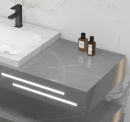 High Quality Rock Slate Bathroom Vanity Cabinet with Towel Shelf & LED Storage Mirror – Modern Square Vanity Combo