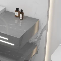 High Quality Rock Slate Bathroom Vanity Cabinet with Towel Shelf & LED Storage Mirror – Modern Square Vanity Combo