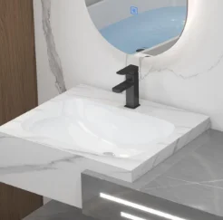 High Quality Rock Slate Bathroom Vanity Cabinet with Towel Shelf & LED Storage Mirror – Modern Square Vanity Combo