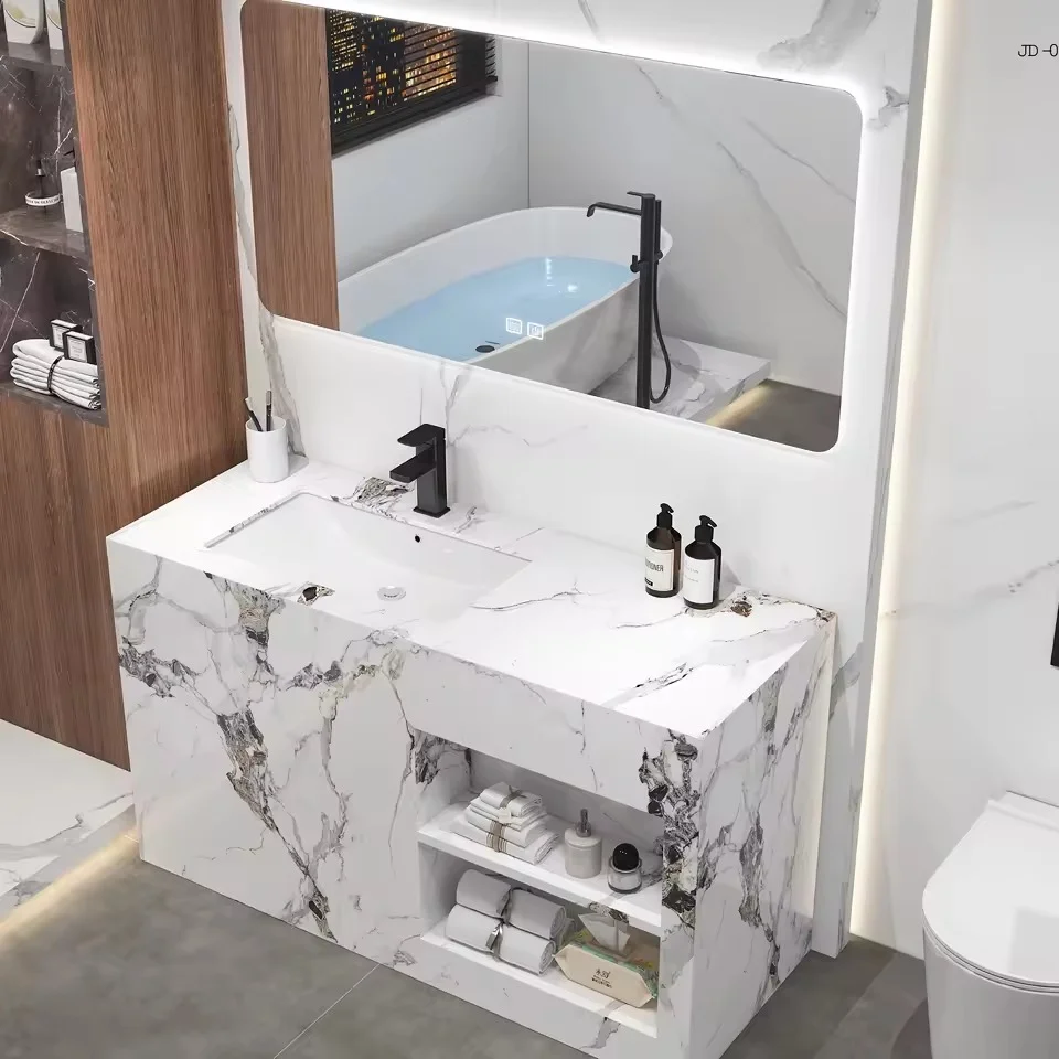 Hotel & Household Luxury Rock Plate Bathroom Vanity Cabinet Set with Ceramic Washbasin – Modern Wall-Mounted Slate Vanity Combo