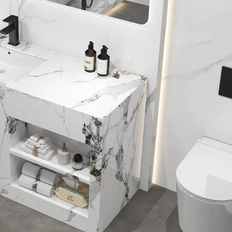 Hotel & Household Luxury Rock Plate Bathroom Vanity Cabinet Set with Ceramic Washbasin – Modern Wall-Mounted Slate Vanity Combo