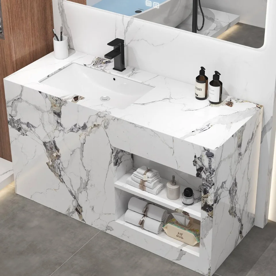 Hotel & Household Luxury Rock Plate Bathroom Vanity Cabinet Set with Ceramic Washbasin – Modern Wall-Mounted Slate Vanity Combo